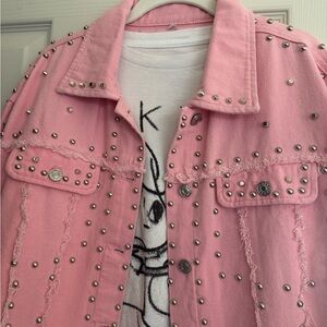 Y2K Pink Studded Denim Jacket Small Edgy Cropped Festival Statement
